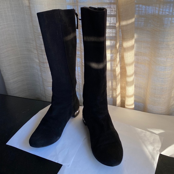 MIU MIU by Prada black suede below knee high boots crystal heels 36-6 zipper - Picture 9 of 12